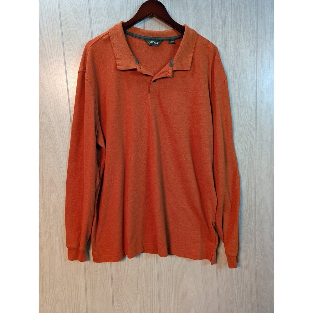 Orvis Men's Orange Long Sleeve Button Polo Shirt Size XXL 100% Cotton